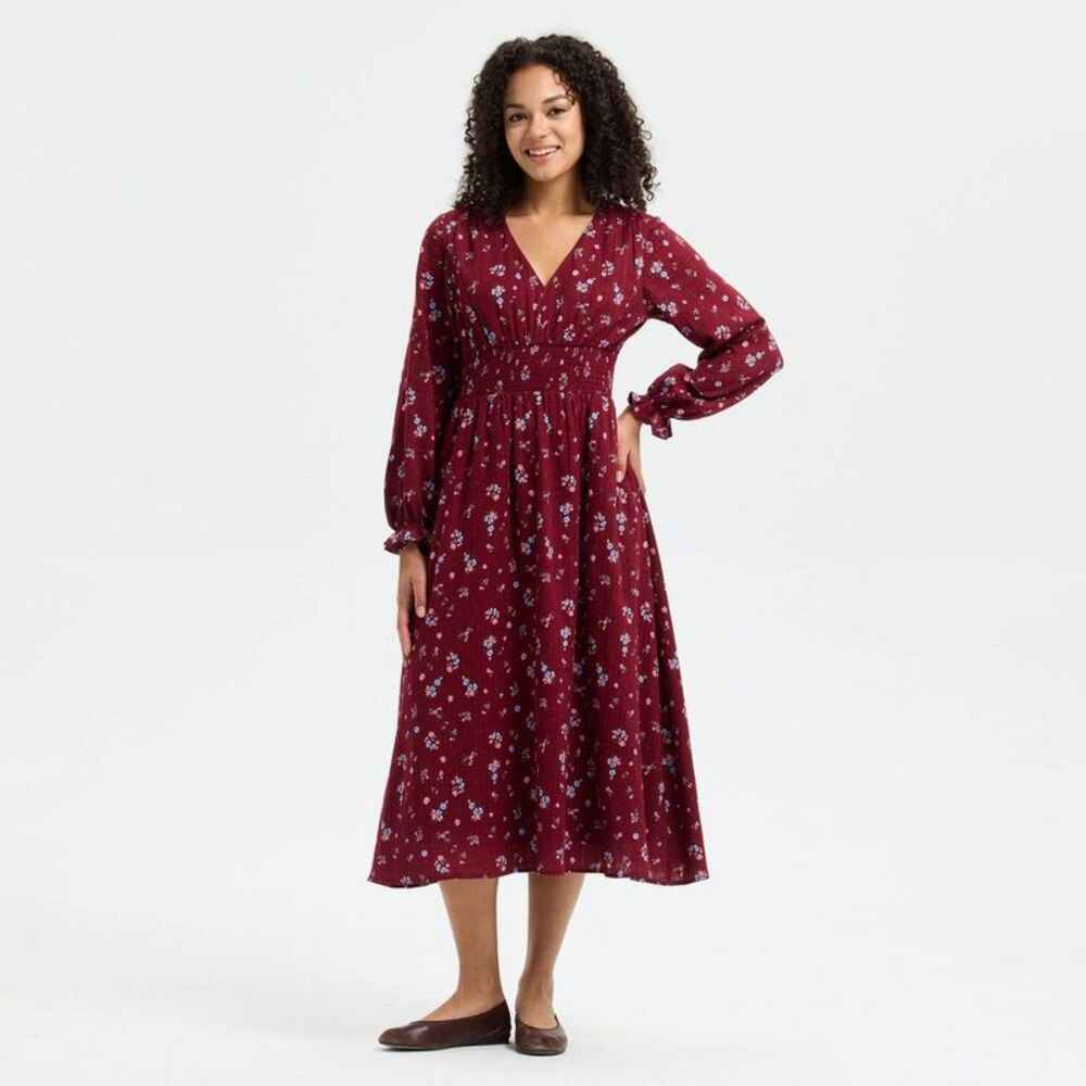 Women's Balloon Long Sleeve Smocked Bodice Midi Dress - Red Floral XXL
